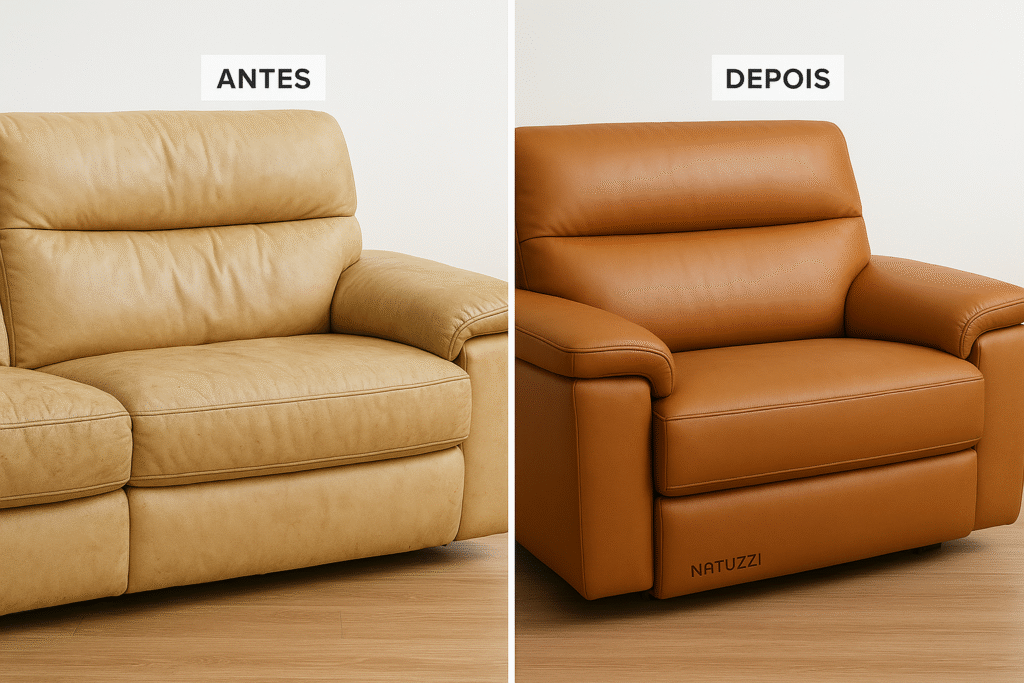 Comparativo antes e depois da reforma de sofá elétrico Natuzzi pela Tapeçaria Incanto