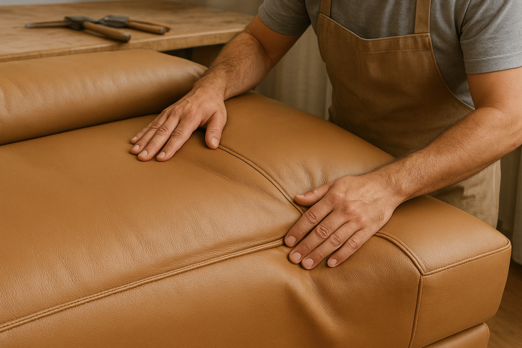 Tapeceiro restaurando estofado em couro de sofá elétrico Natuzzi